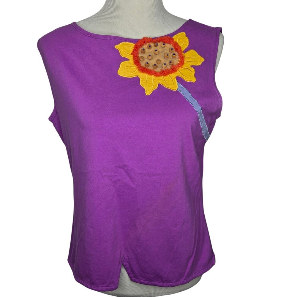 Vintage 90's Emma Tricot Purple Sunflower Tank Sleeveless Top Shirt Beaded Artsy